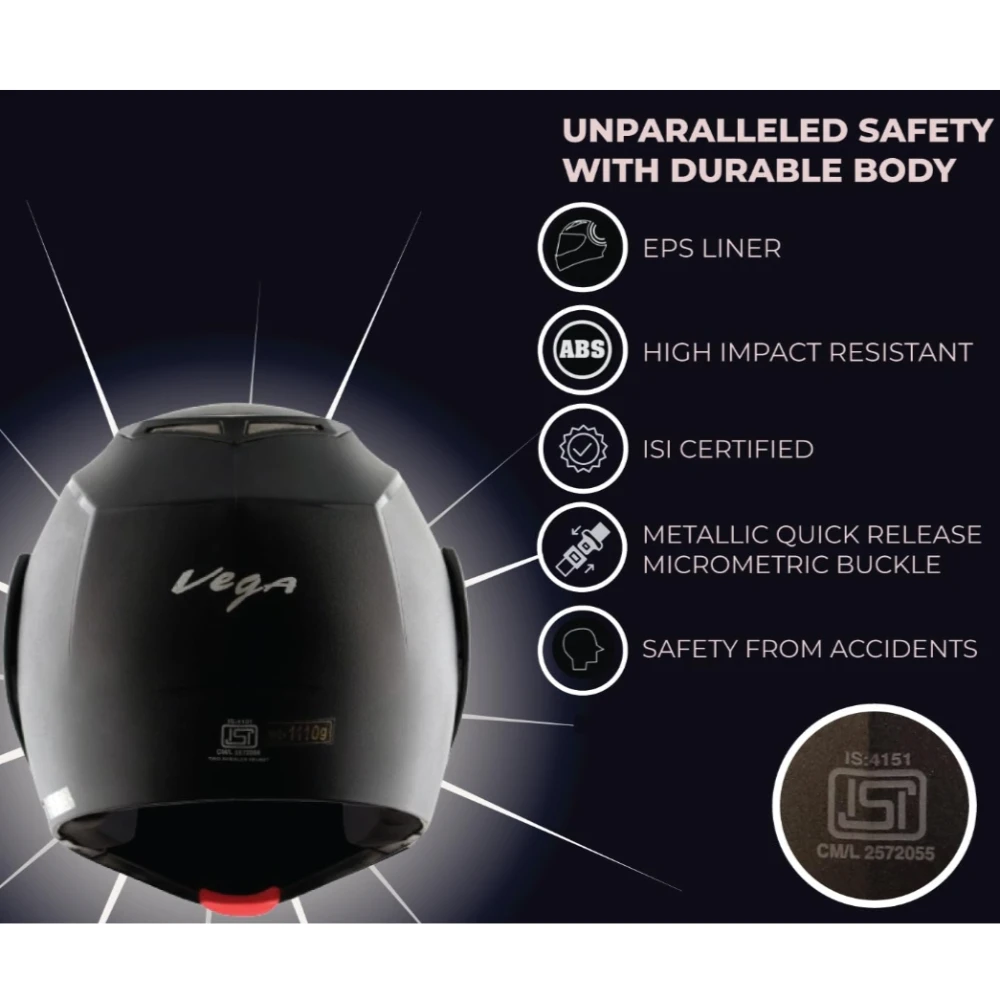 Vega Crux ISI Certified Flip-Up Helmet for Men and Women with Clear Visor(Black, Size:L)