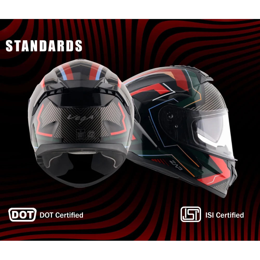 Vega Zap Explore D/V ISI and DOT Certified Gloss Finish Full Face Helmet for Men with Dual Visors and Spoiler-Black Red-L