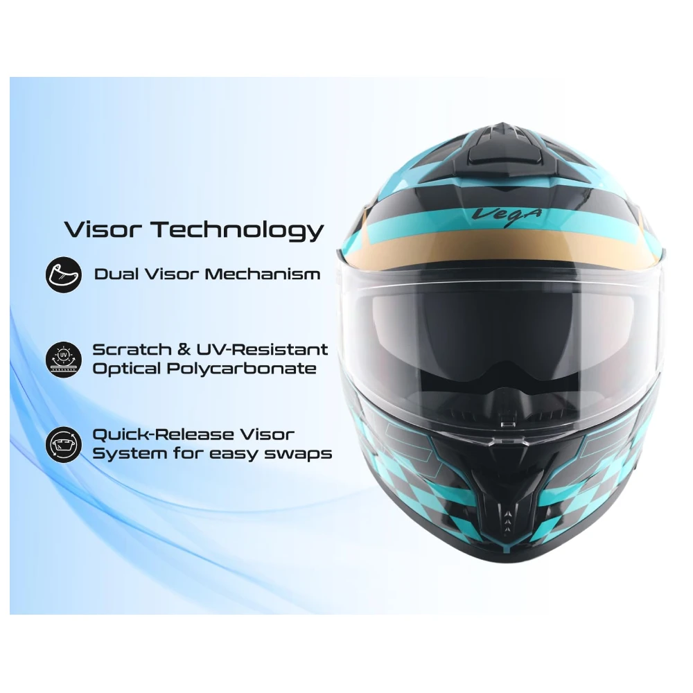 Vega Zap DV Alliance ISI and DOT Certified Gloss Finish Full Face Dual Visor Helmet for Men with Spoiler-Hex Blue Black-M