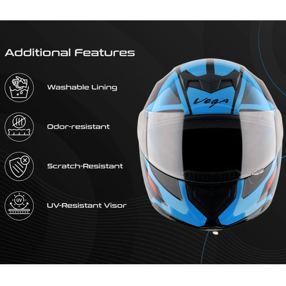 Vega Edge Passion ISI Certified Gloss Finish Full Face Helmet for Men with Clear Visor -Black Blue-L