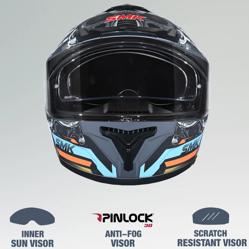 SMK Typhoon Motorhead ISI ECE & DOT Certified Full Face Dual Visor Helmet for Men and Women with Pinlock Fitted Clear Visor and Inner Sun Visor ( MATT Grey - XS )