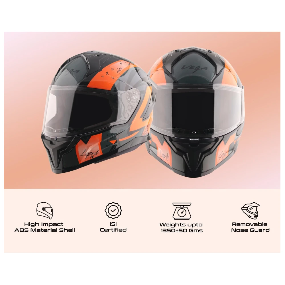 Vega Sonic Legend ISI Certified Gloss Finish Full Face Helmet for Men with Clear Visor and Spoiler-Black Orange-M