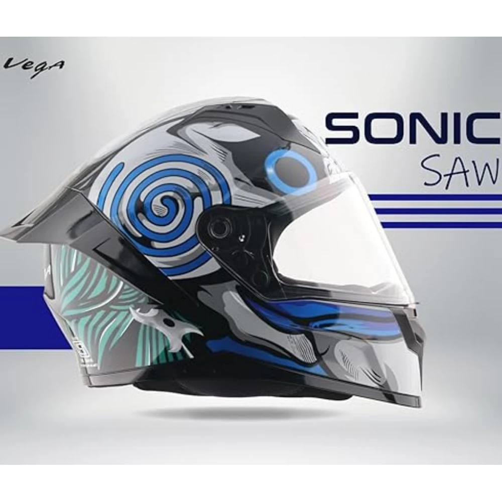Vega Sonic Saw ISI Certified Gloss Finish Full Face Helmet for Men with Clear Visor and Spoiler-Black Blue-M