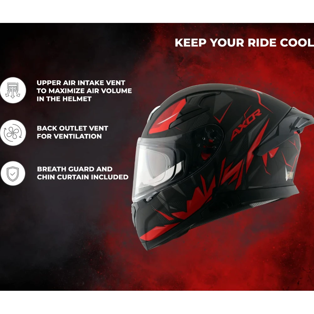 Axor Apex Hunter ISI ECE DOT Certified Full Face Dual Visor Helmet For Men And Women With Pinlock Fitted Outer Clear Visor And Inner Smoke Sun Visor Dull Black Red Helmet-M