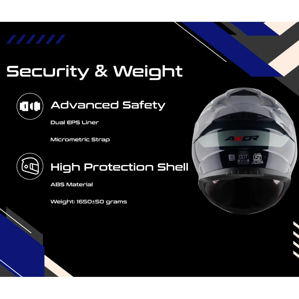 Axor Saber X-Sport ISI ECE and DOT Certified Gloss Finish Full Face Helmet for Men with Pinlock Fitted Clear Visor -Black Blue-L