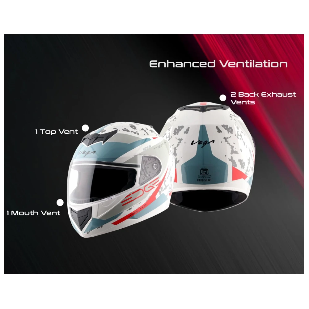 Vega Edge US Army ISI Certified Gloss Finish Full Face Helmet for Men with Clear Visor -White Red-L