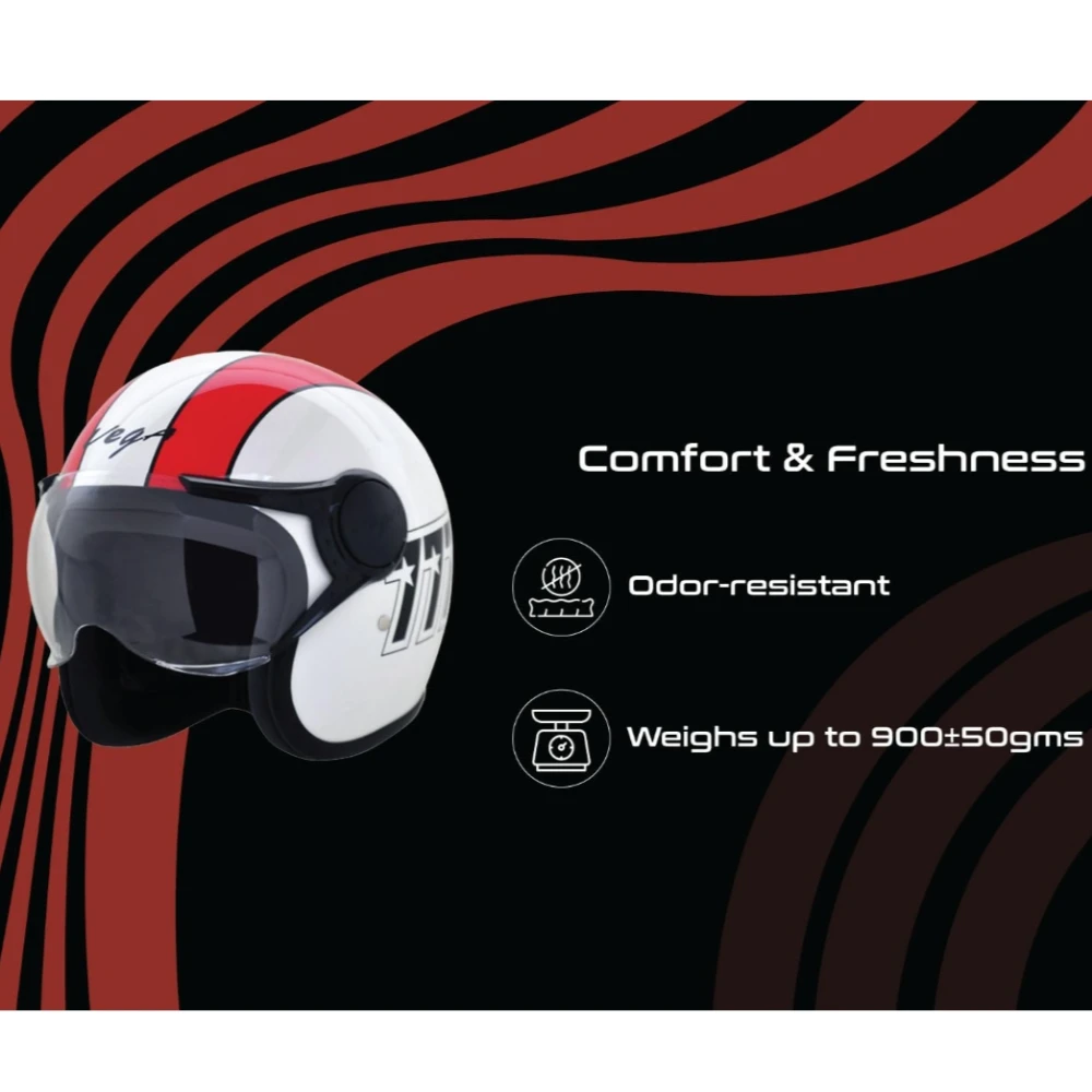 Vega Jet ISI DOT Certified Gloss Finish Open Face Helmet for Men and Women with Clear Visor(White Red, Size:L)
