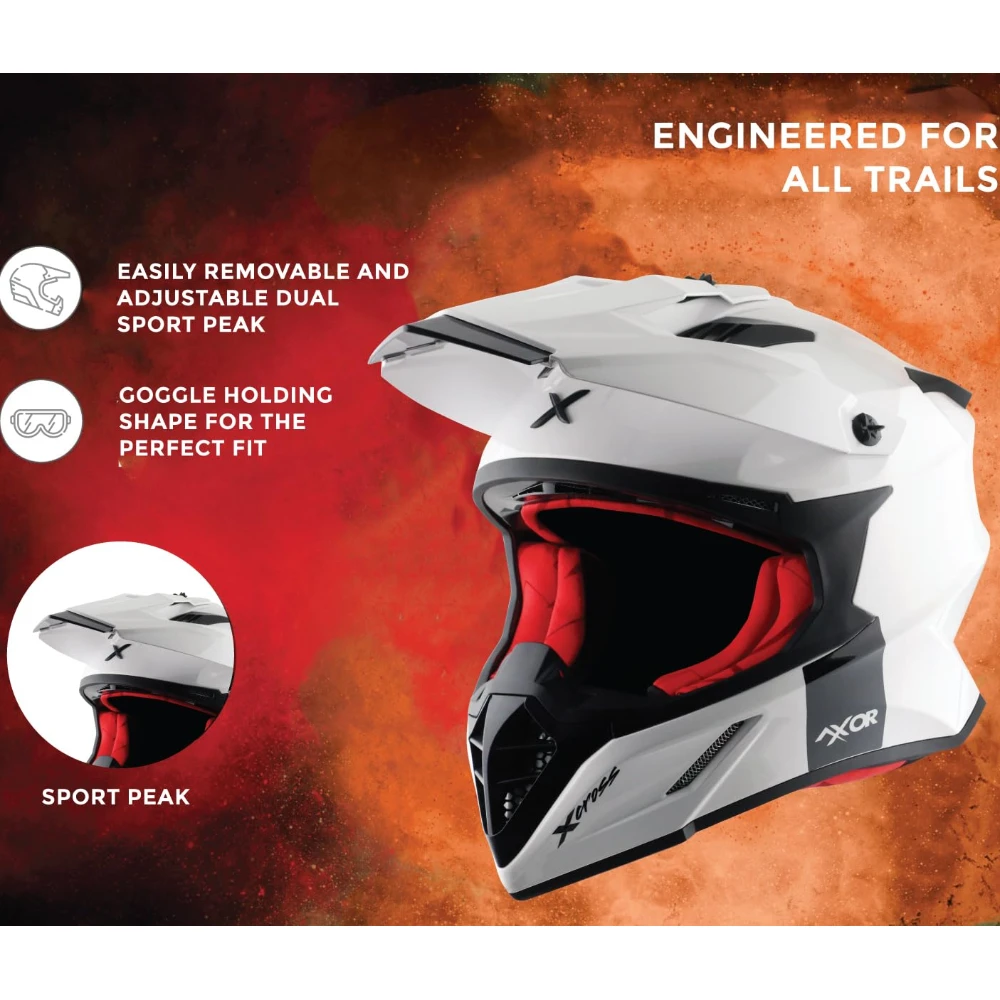Axor X Cross ISI ECE DOT Certified Full Face Dual Sport Peak Off Road Helmet for Men and Women White Red M