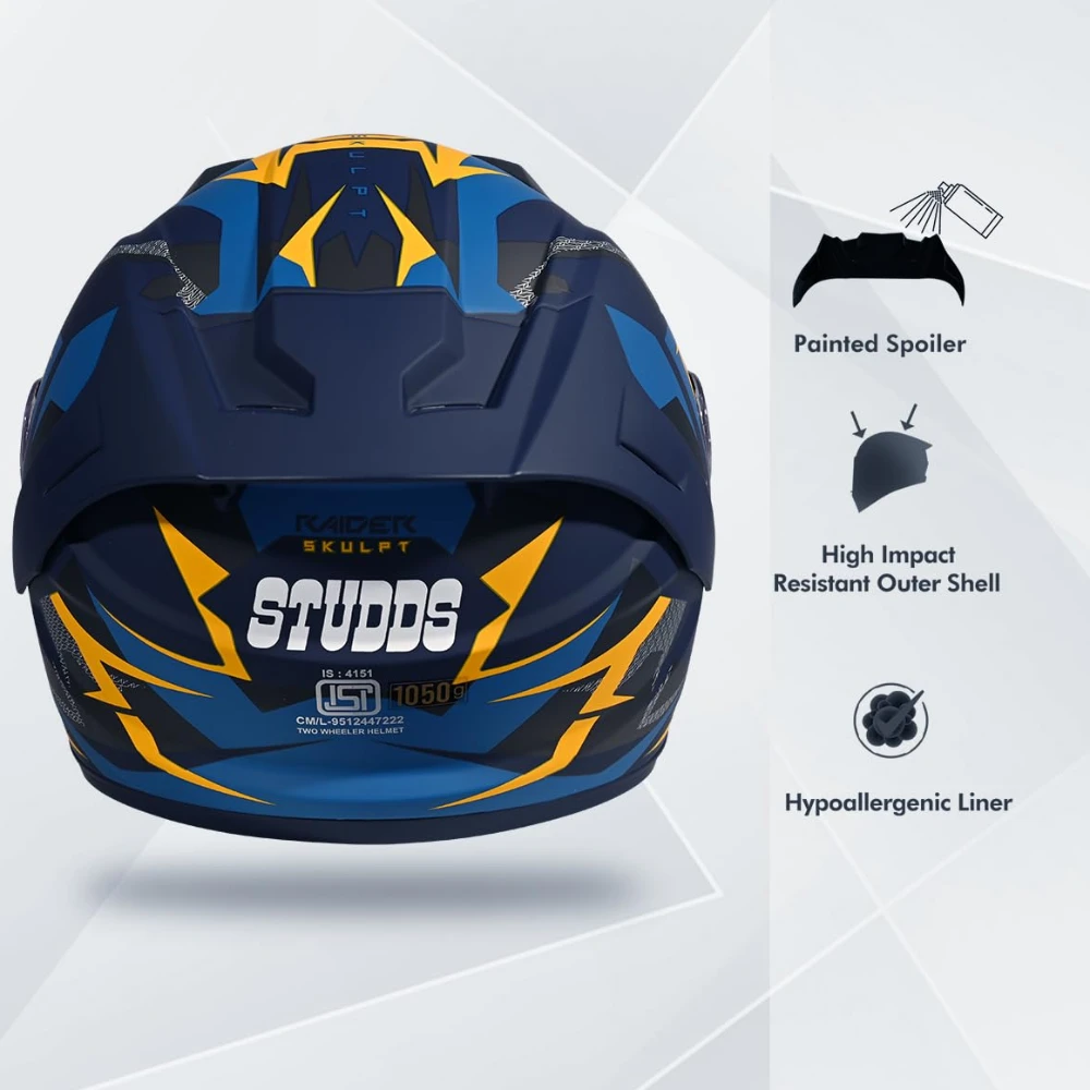 STUDDS Raider Skulpt ISI Certified Full Face Helmet for Men and Women with Spoilor and Clear Visor