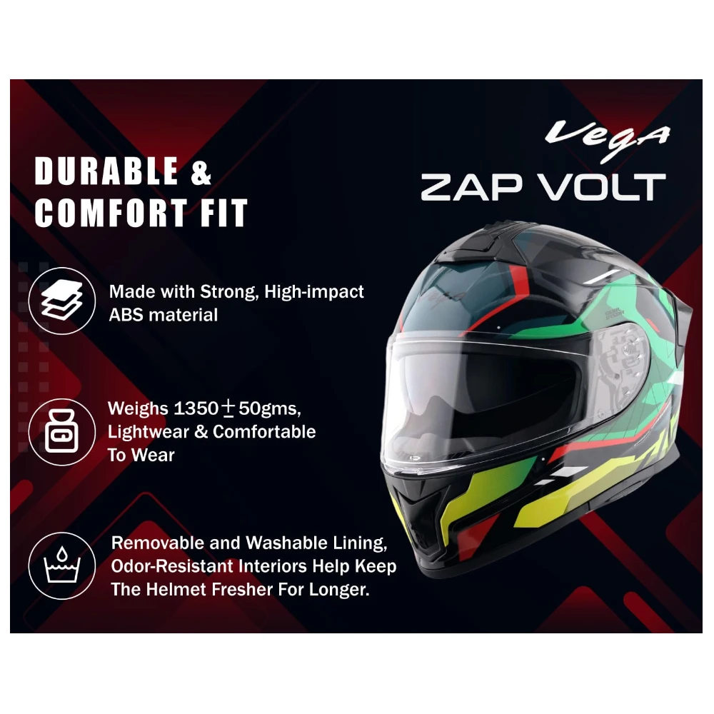 Vega Zap Volt D/V ISI and DOT Certified Gloss Finish Full Face Helmet for Men with Dual Visors and Spoiler-Black Red-L