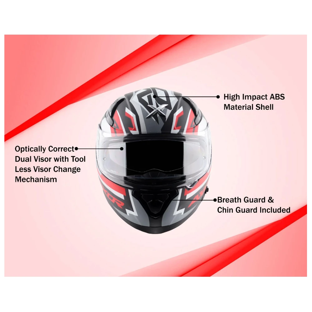 Axor Apex Streak ISI ECE and DOT Certified Gloss Finish Full Face Helmet for Men with Pinlock Fitted Outer Clear and Inner Sun Smoke Visor- Black Red Helmet-L