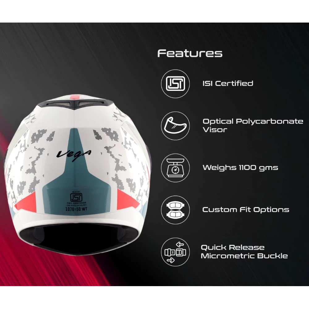 Vega Edge US Army ISI Certified Gloss Finish Full Face Helmet for Men with Clear Visor -White Red-L