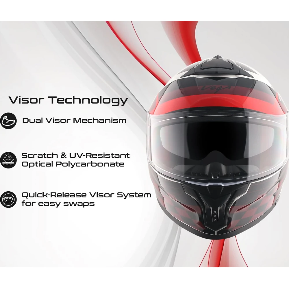 Vega Zap DV Alliance ISI and DOT Certified Gloss Finish Full Face Dual Visor Helmet for Men with Spoiler-White Red-L