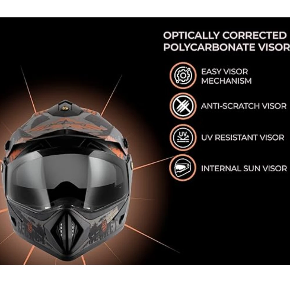 Vega Off Road Secret ISI Certified Matt Finish Full Face Dual Visor with Peak Helmet for Men and Women Outer Clear Visor and Inner Smoke Sun Visor(Dull Anthracite Black, Size:L)