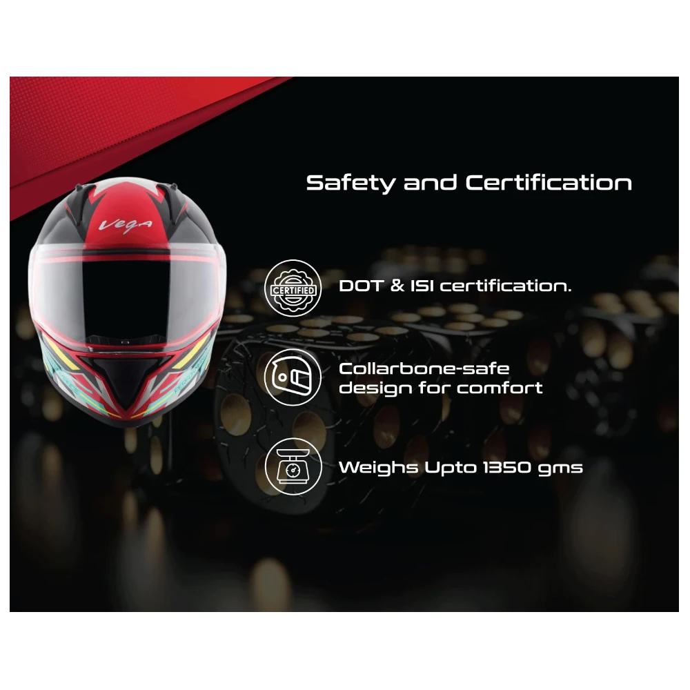 Vega Bolt Dice ISI and DOT Certified Gloss Finish Full Face Helmet for Men with Clear Visor- Red Black, M