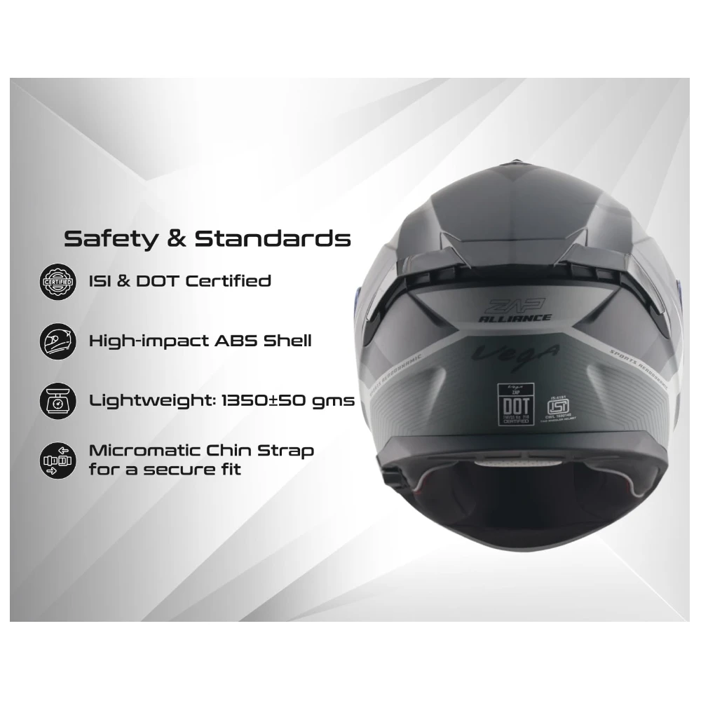 Vega Zap DV Alliance ISI and DOT Certified Matte Finish Full Face Dual Visor Helmet for Men with Spoiler-Dull Black Grey-L