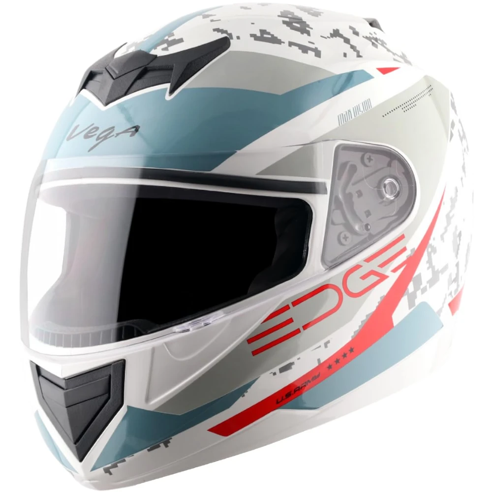 Vega Edge US Army ISI Certified Gloss Finish Full Face Helmet for Men with Clear Visor -White Red-L