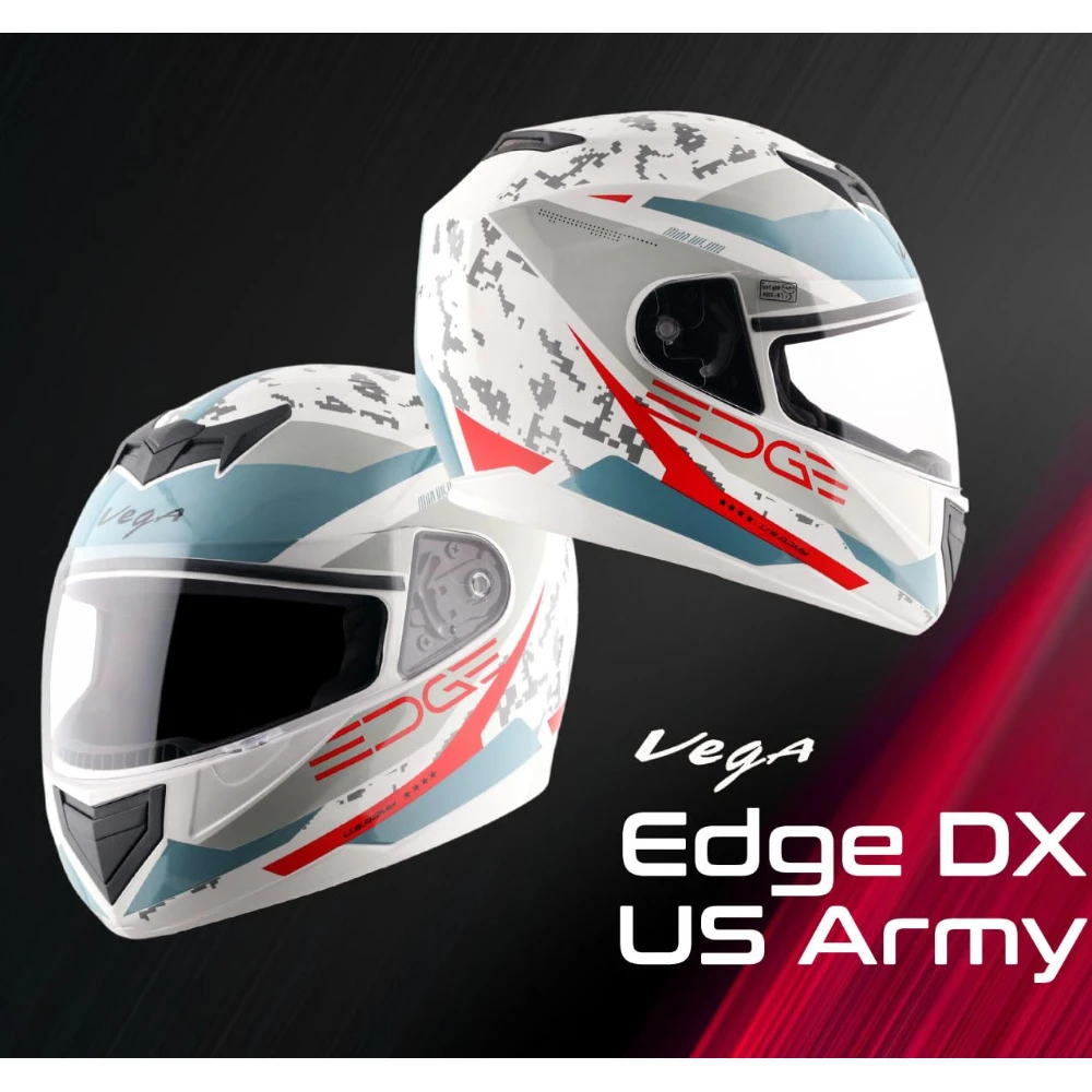 Vega Edge US Army ISI Certified Gloss Finish Full Face Helmet for Men with Clear Visor -White Red-L