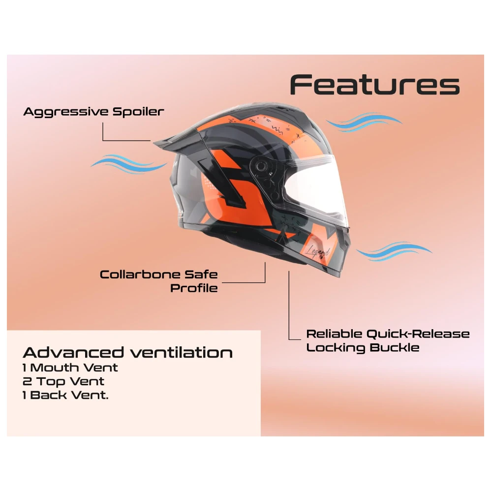 Vega Sonic Legend ISI Certified Gloss Finish Full Face Helmet for Men with Clear Visor and Spoiler-Black Orange-M