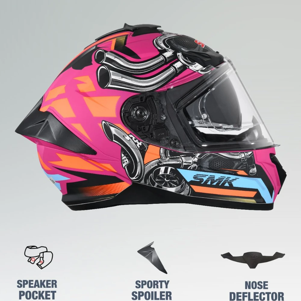 SMK Typhoon Motorhead ISI ECE & DOT Certified Full Face Dual Visor Helmet for Men and Women with Pinlock Fitted Clear Visor and Inner Sun Visor ( Pink - 2XL )