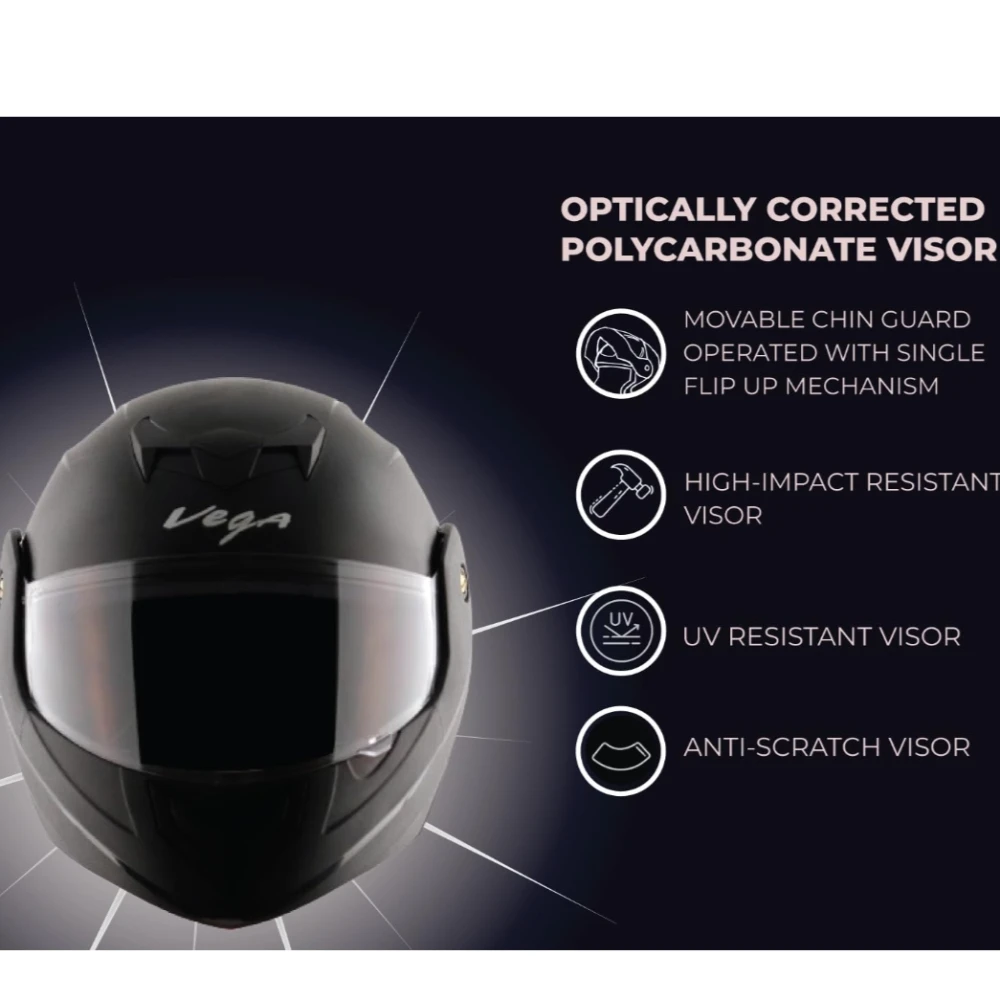 Vega Crux ISI Certified Flip-Up Helmet for Men and Women with Clear Visor(Black, Size:L)