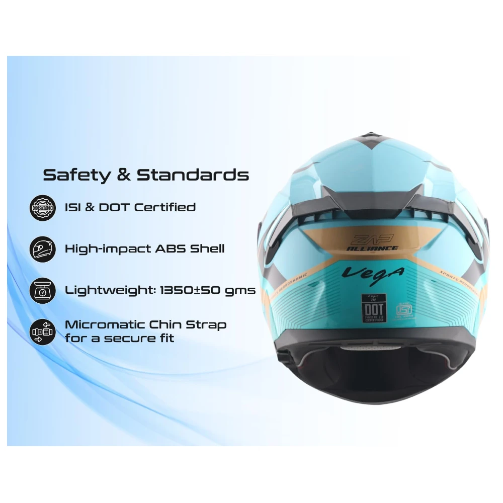 Vega Zap DV Alliance ISI and DOT Certified Gloss Finish Full Face Dual Visor Helmet for Men with Spoiler-Hex Blue Black-M