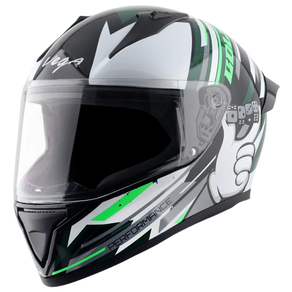 Vega Bolt Dice ISI and DOT Certified Gloss Finish Full Face Helmet for Men with Clear Visor- Black White, L