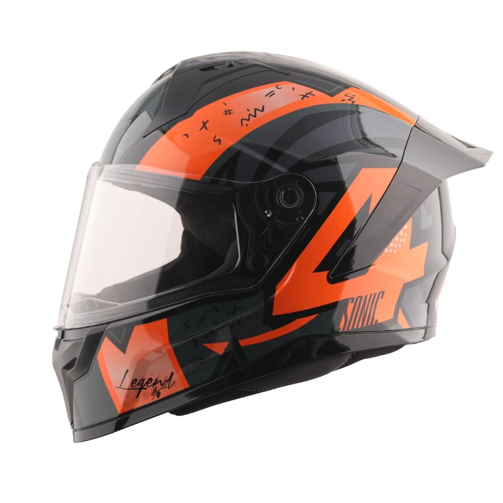 Vega Sonic Legend ISI Certified Gloss Finish Full Face Helmet for Men with Clear Visor and Spoiler-Black Orange-M