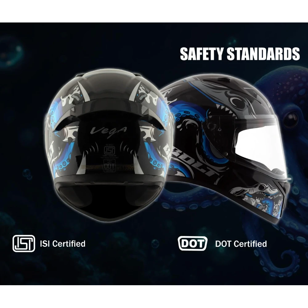 Vega Bolt Octopus ISI and DOT Certified Glossy Finish Full Face Helmet for Men with Clear Visor- Black Blue, Size: M(57-58 cm)