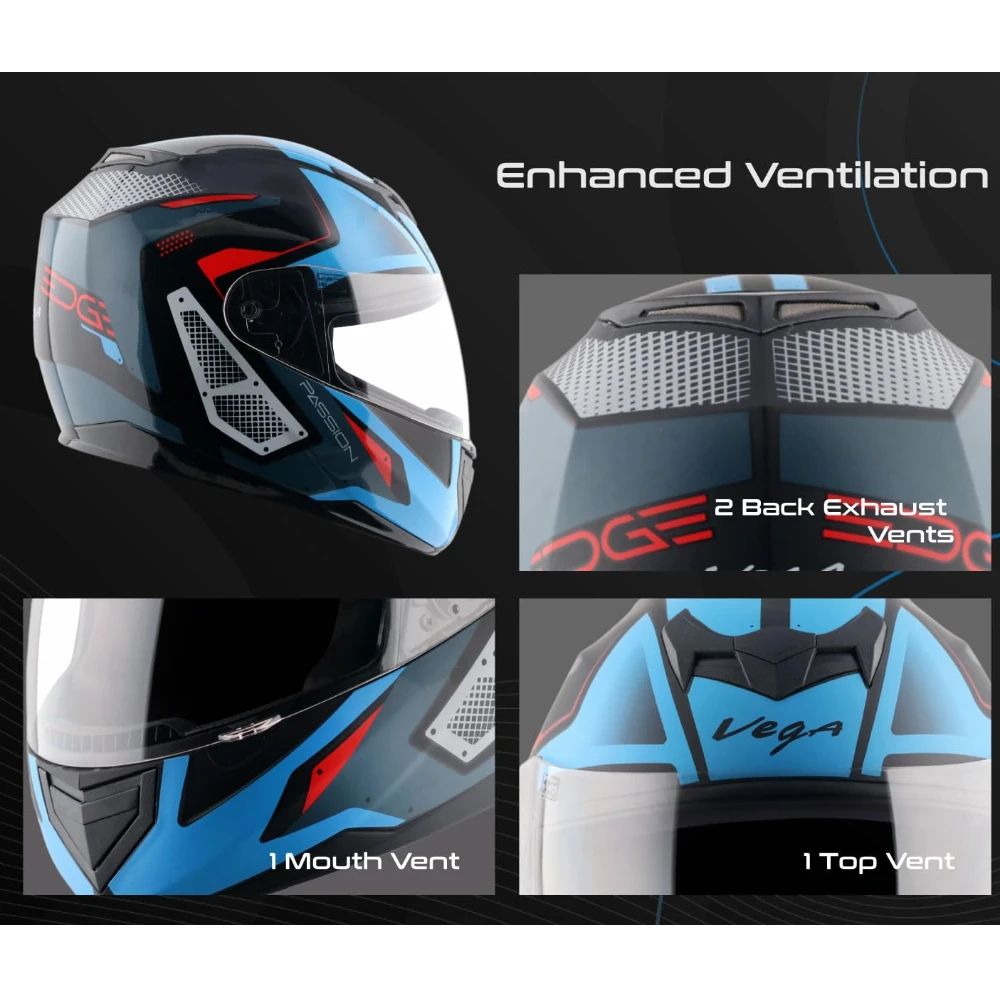 Vega Edge Passion ISI Certified Gloss Finish Full Face Helmet for Men with Clear Visor -Black Blue-M