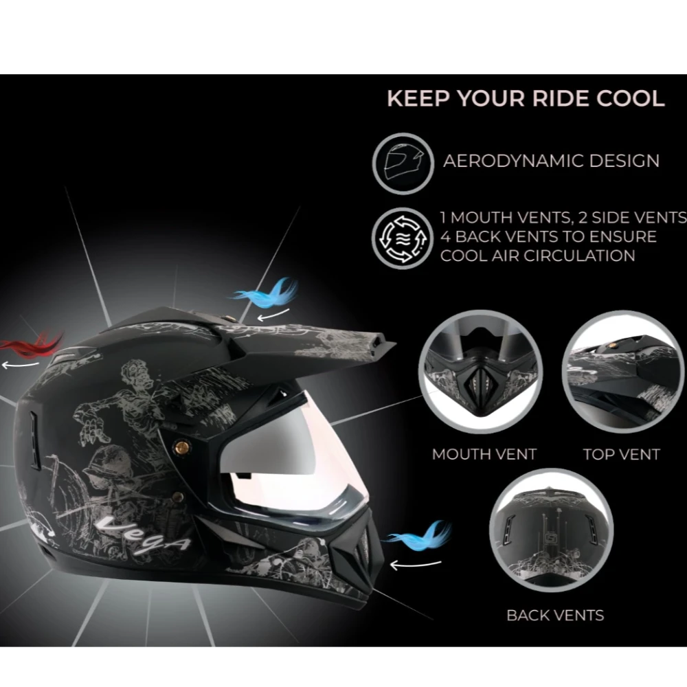 Vega Off Road Sketch ISI Certified Matt Finish Full Face Dual Visor with Peak Helmet for Men and Women Outer Clear Visor and Inner Smoke Sun Visor(Dull Black Silver, Size:L)