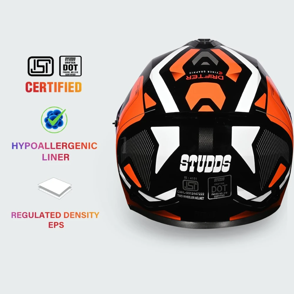 Studds Drifter D5 Fiker ISI and DOT Certified Full face Helmet for Men and Women with Inner Sun Visor and Spoiler (Black L)