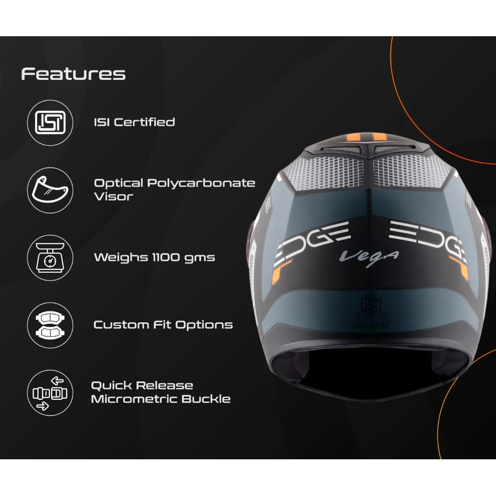 Vega Edge Passion ISI Certified Matte Finish Full Face Helmet for Men with Clear Visor -Dull Black Orange-L