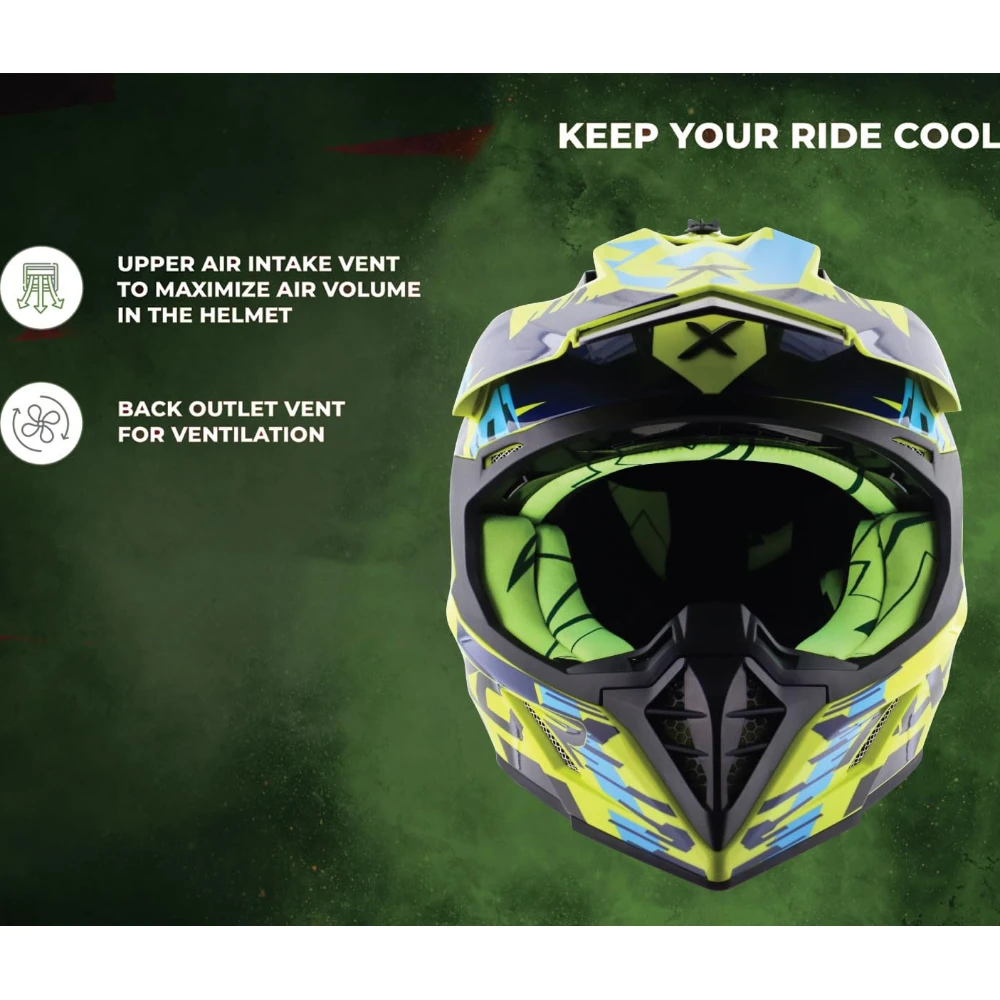 Axor X Cross X1 ISI ECE DOT Certified Full Face Dual Sport Peak Off Road Helmet for Men and Women Neon Yellow Blue M