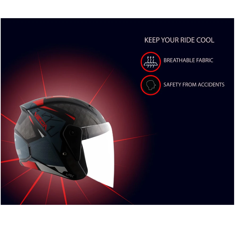 Vega Lark Twist Open Face Helmet Dull Black Red, Size: M(57-58 cm)
