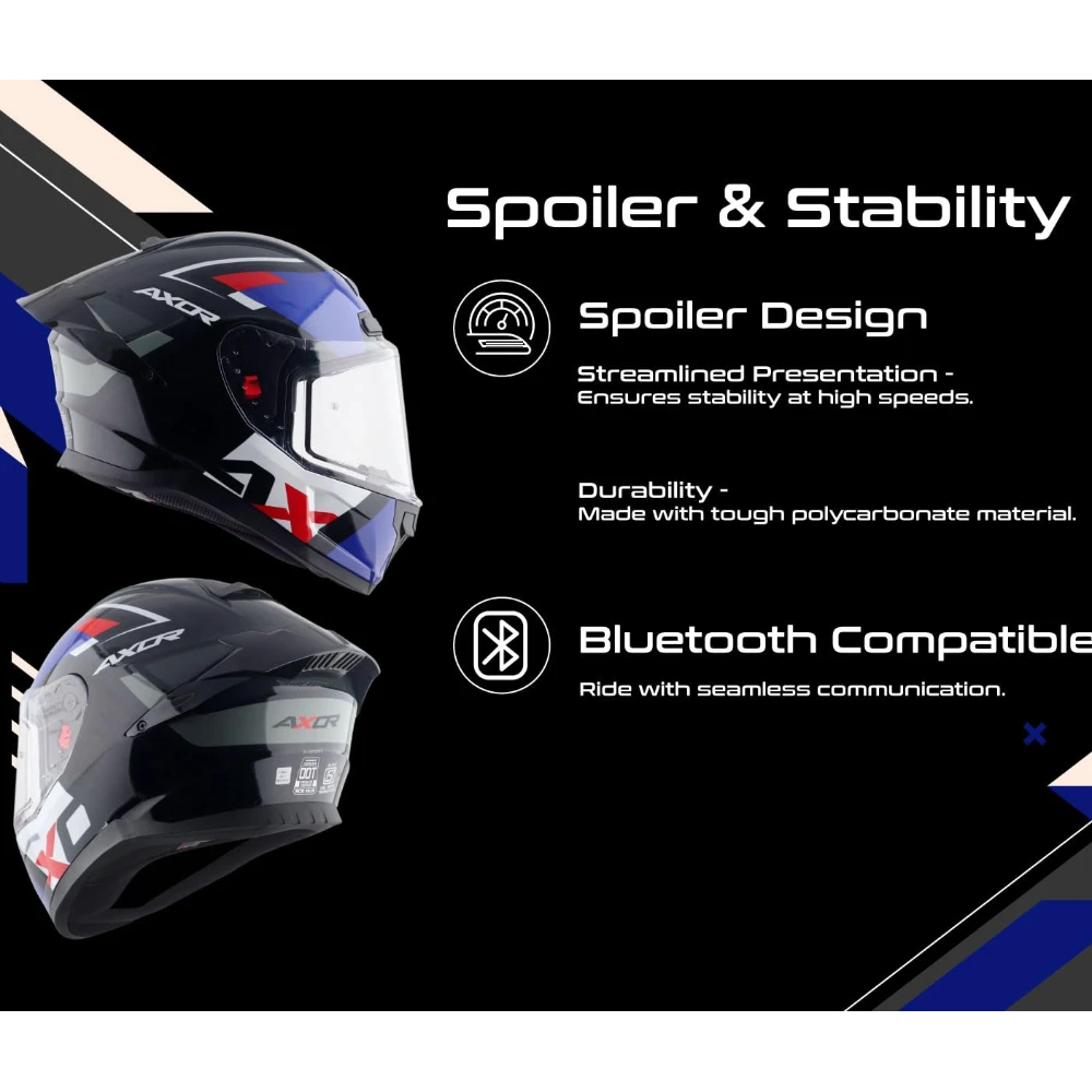 Axor Saber X-Sport ISI ECE and DOT Certified Gloss Finish Full Face Helmet for Men with Pinlock Fitted Clear Visor -Black Blue-L