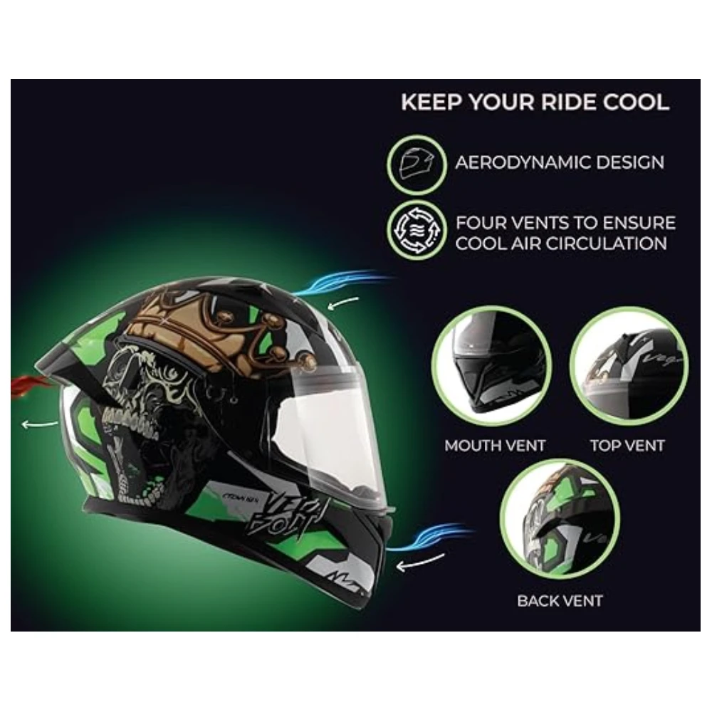 Vega Bolt Crown Men ISI and DOT Certified Glossy Finish Full Face Helmet for Men with Clear Visor- Black Neon Green, Size: L(59-60 cm)