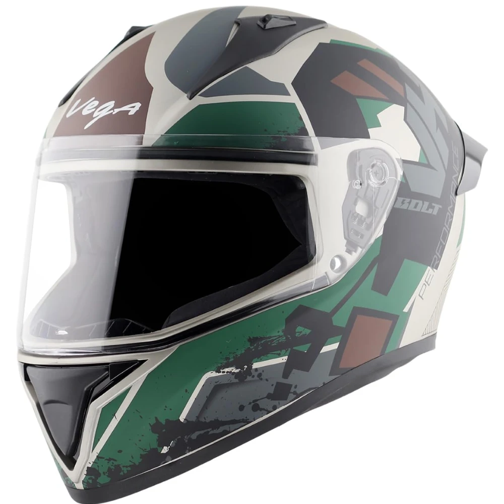 Vega Bolt Army ISI and DOT Certified Matte Finish Full Face Helmet for Men with Clear Visor-Dull Mud Battle Green-L