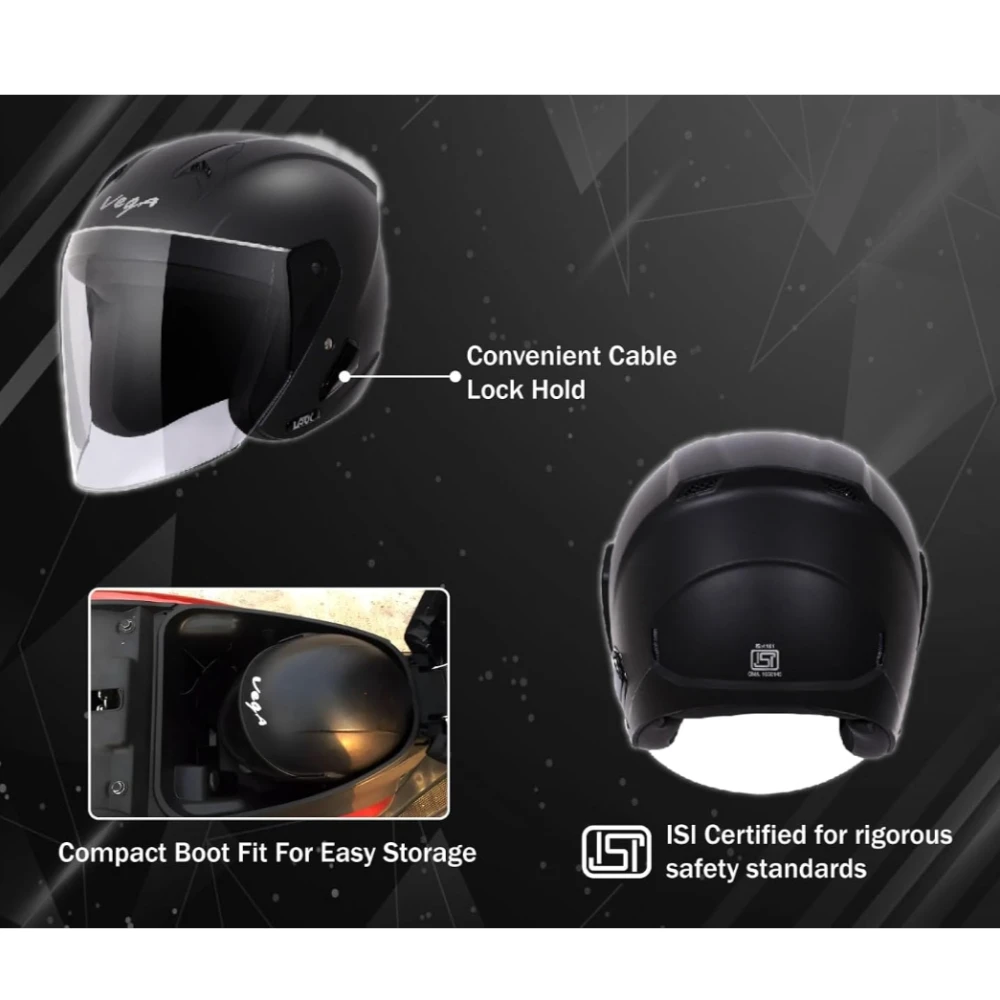 Vega Lark ISI Certified Matt Finish Lightweight Open Face Helmet for Men and Women with Long Clear Visor(Dull Black, Size:L)