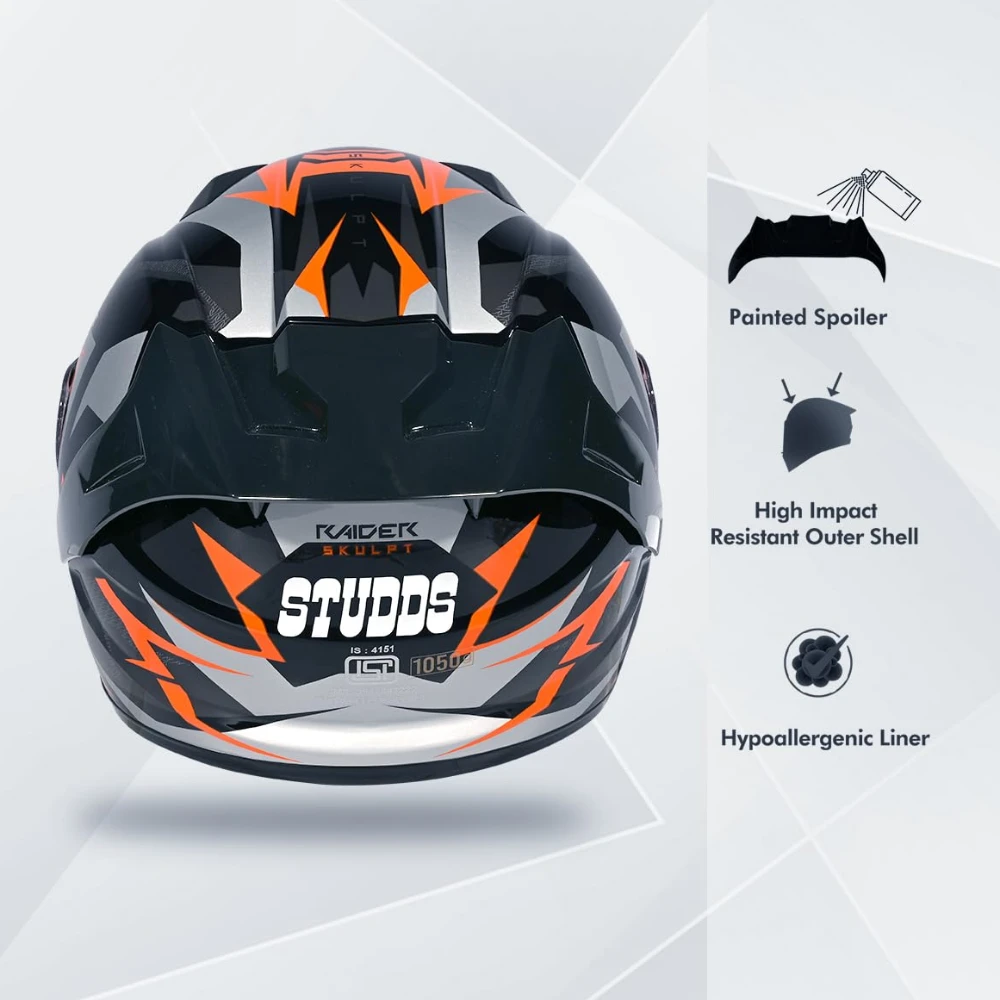 STUDDS Raider Skulpt ISI Certified Full Face Helmet for Men and Women with Spoilor and Clear Visor