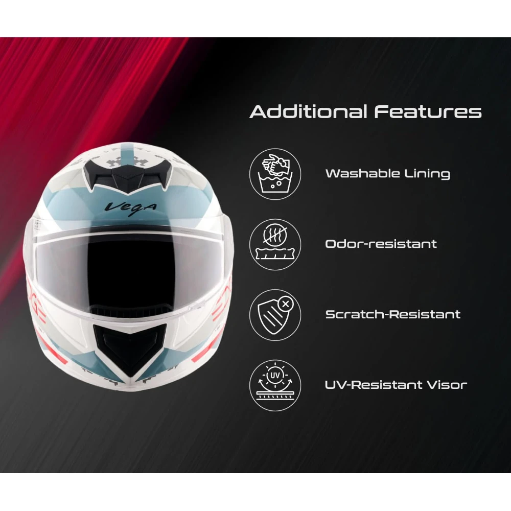 Vega Edge US Army ISI Certified Gloss Finish Full Face Helmet for Men with Clear Visor -White Red-L