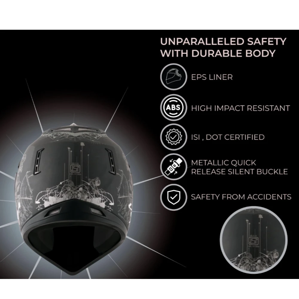 Vega Off Road Sketch ISI Certified Matt Finish Full Face Dual Visor with Peak Helmet for Men and Women Outer Clear Visor and Inner Smoke Sun Visor(Dull Black Silver, Size:L)
