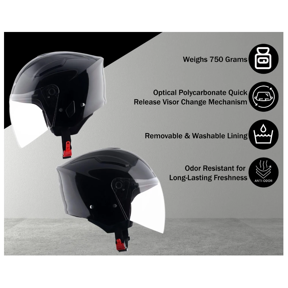 Vega Orion ISI Certified Gloss Finish Open Face Helmet for Men and Women with Clear Visor-Black-L