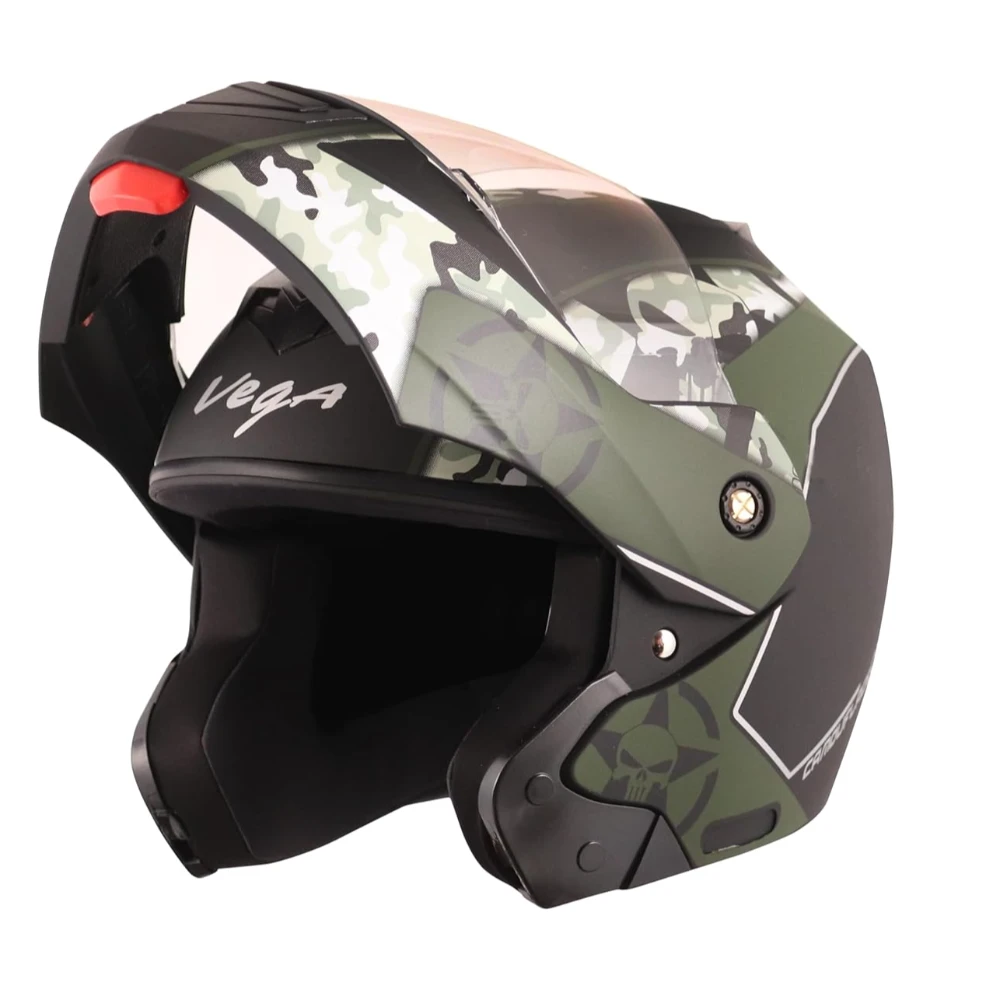 Vega Crux Dx Camouflage ISI Certified Smooth Matt Finish Flip-Up Helmet for Men and Women with Clear Visor(Dull Black Battle Green, Size:L)