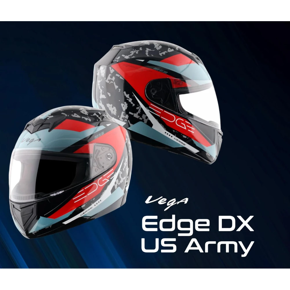 Vega Edge US Army ISI Certified Gloss Finish Full Face Helmet for Men with Clear Visor -Black Red-L