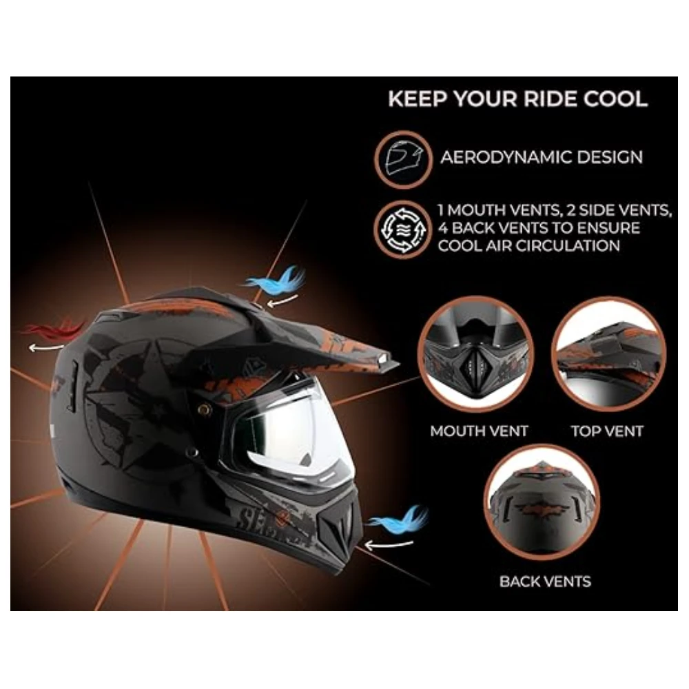 Vega Off Road Secret ISI Certified Matt Finish Full Face Dual Visor with Peak Helmet for Men and Women Outer Clear Visor and Inner Smoke Sun Visor(Dull Anthracite Black, Size:L)