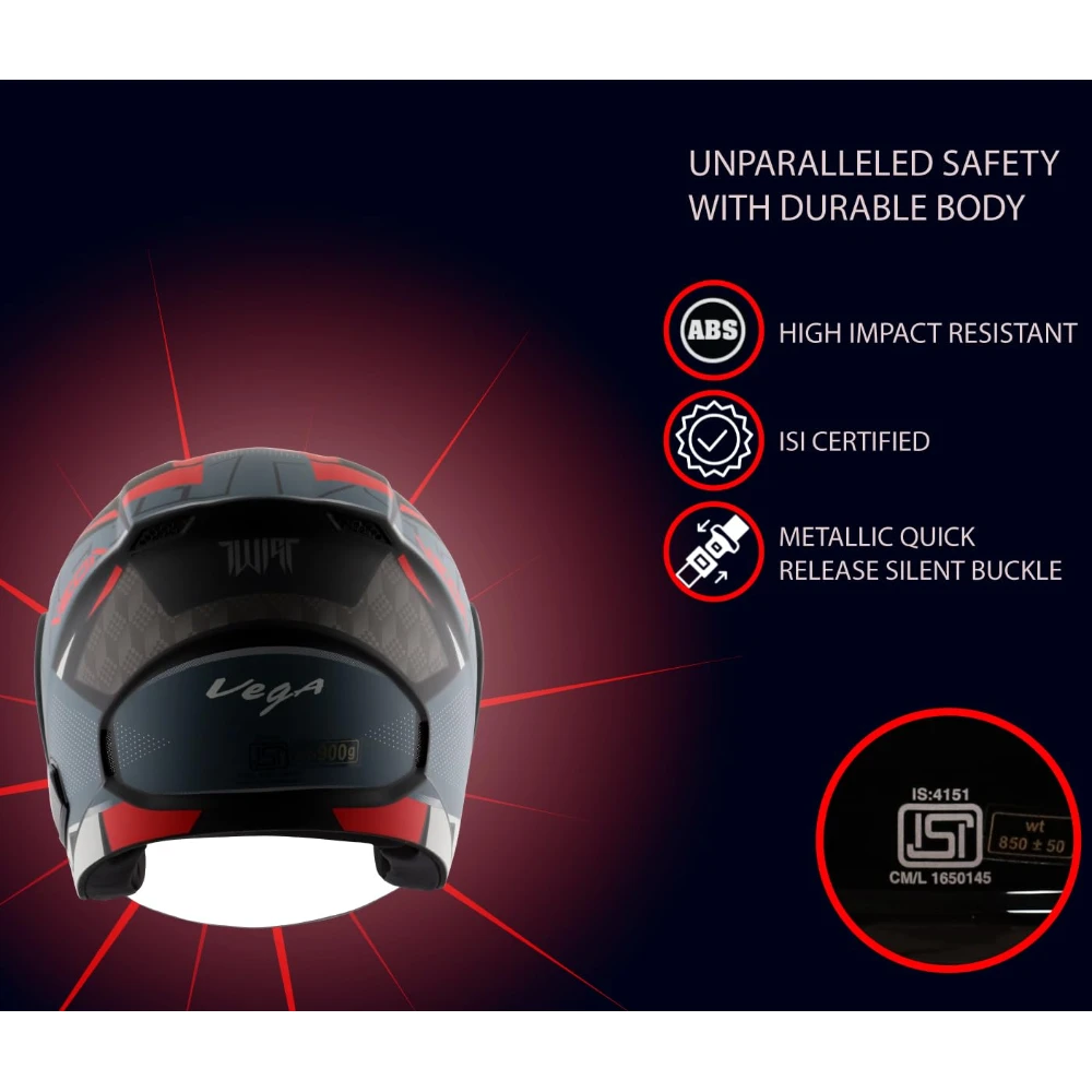 Vega Lark Twist Open Face Helmet Dull Black Red, Size: M(57-58 cm)