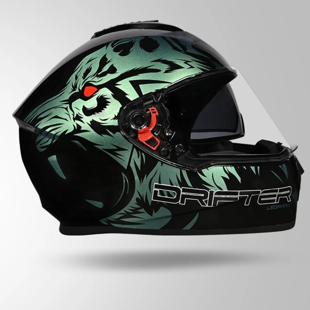 STUDDS Drifter D2 Leopard Chameleon Graphic ISI & DOT Certified Full FACE Helmet Inner Sun Visor and Spoiler (Black - XL)