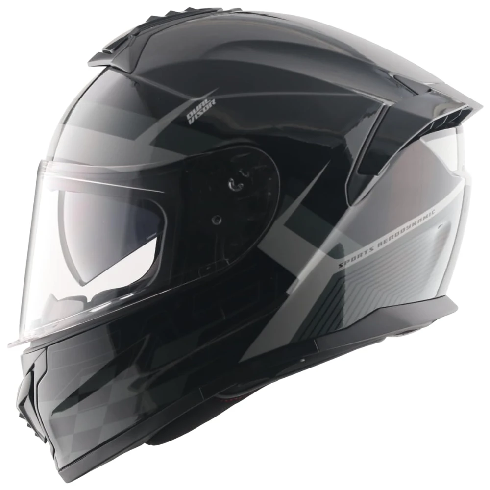 Vega Zap DV Alliance ISI and DOT Certified Gloss Finish Full Face Dual Visor Helmet for Men with Spoiler-Black Grey-M
