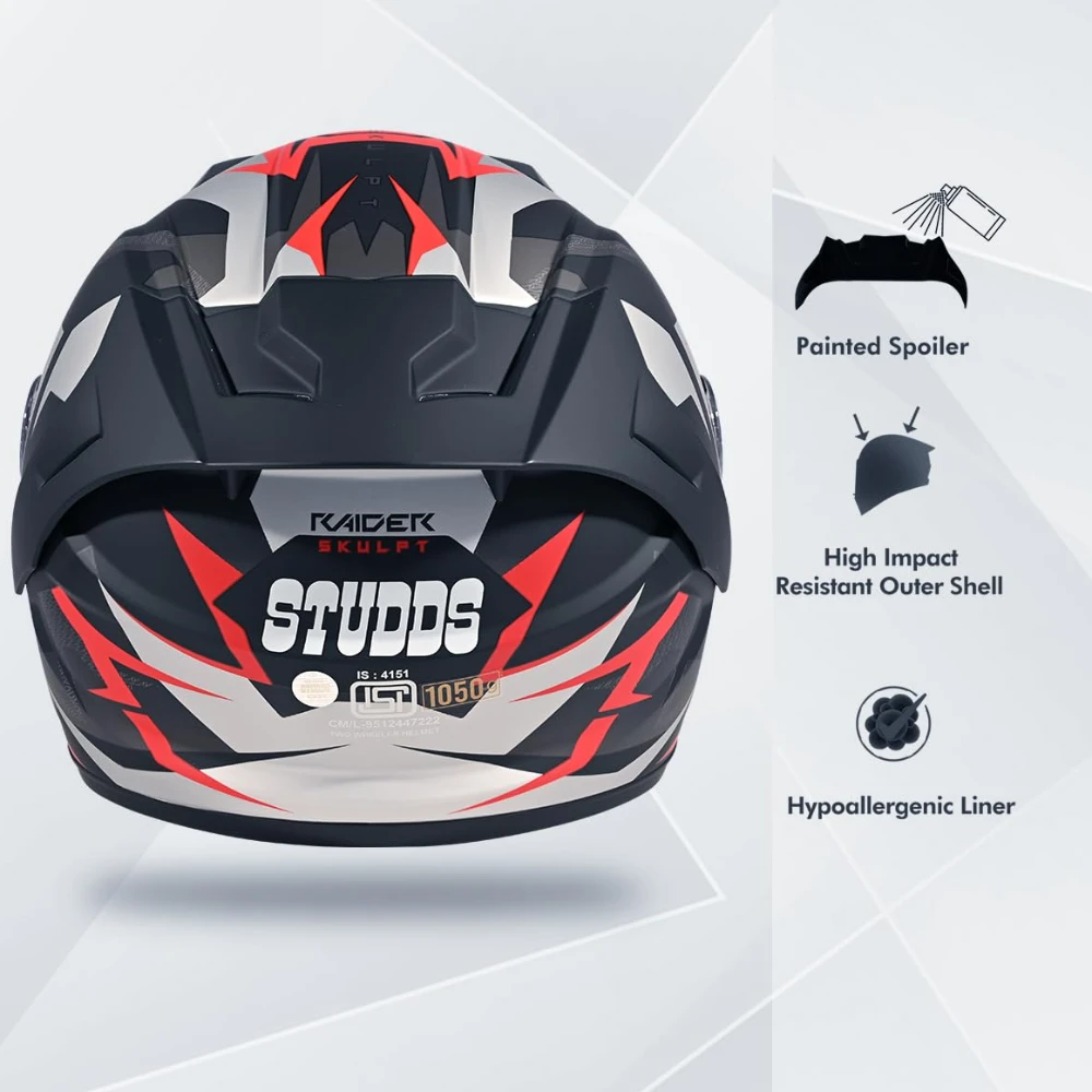STUDDS Raider Skulpt ISI Certified Full Face Helmet for Men and Women with Spoilor and Clear Visor